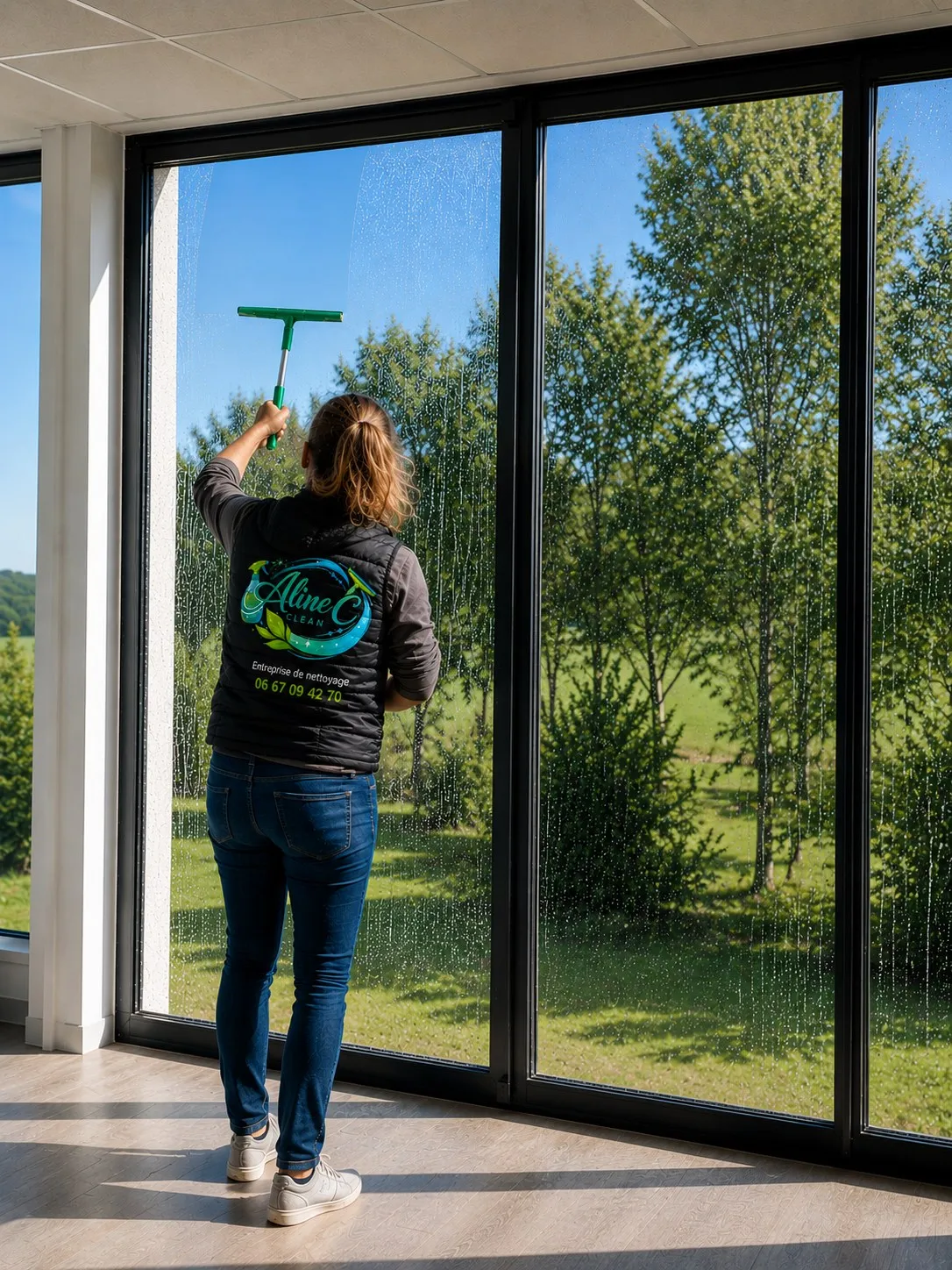photo d'Aline entrain de nettoyer les vitres